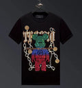 New Fashion Diamond Rhinestones Bear Short Sleeve Luxury Men Black T-Shirt