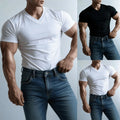 Men Short Sleeve V Neck T Shirt Regular Fit Solid Color Activewear Pullover