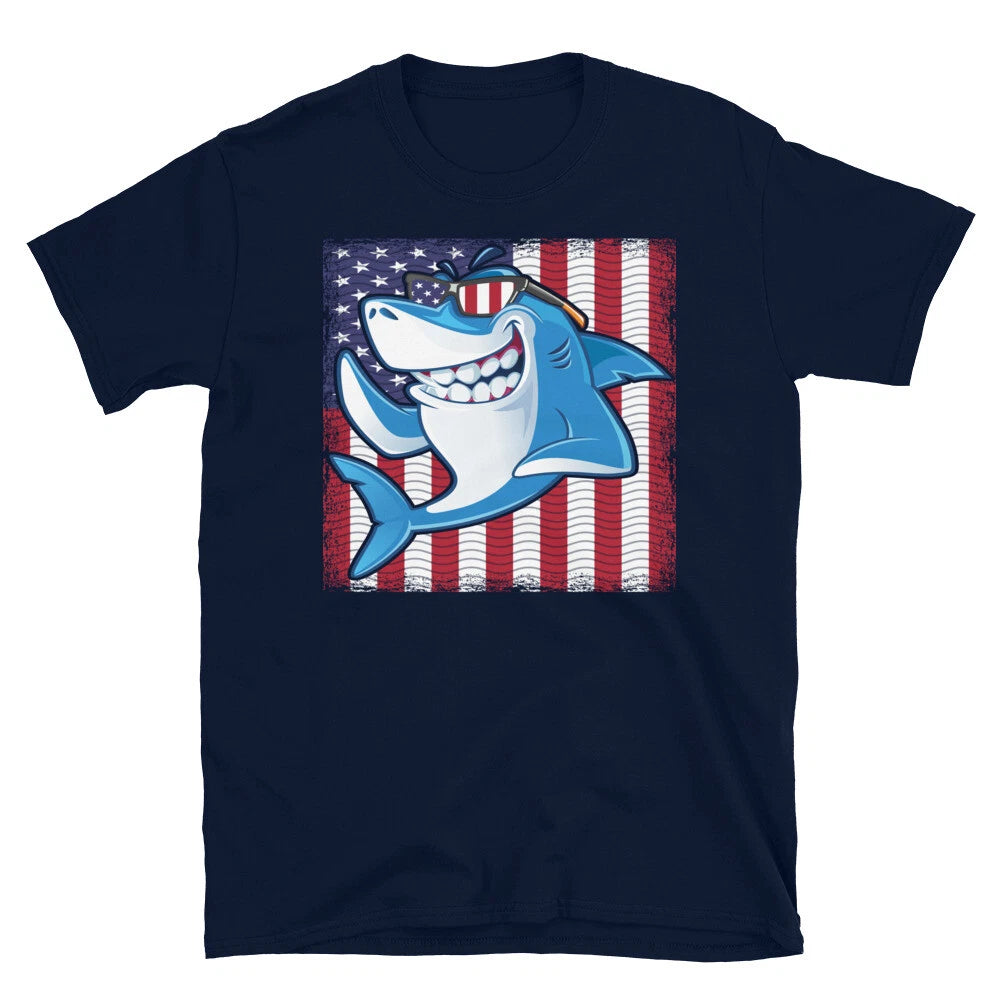 COOL SHARK American US Flag Fishing Fish Nature Outdoors T-Shirt