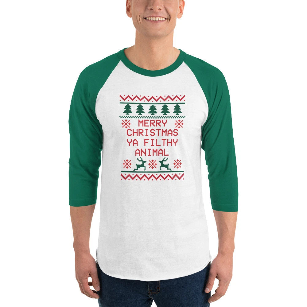 Merry Christmas Ya Filthy Animal unisex baseball tee, 3/4 sleeve raglan shirt