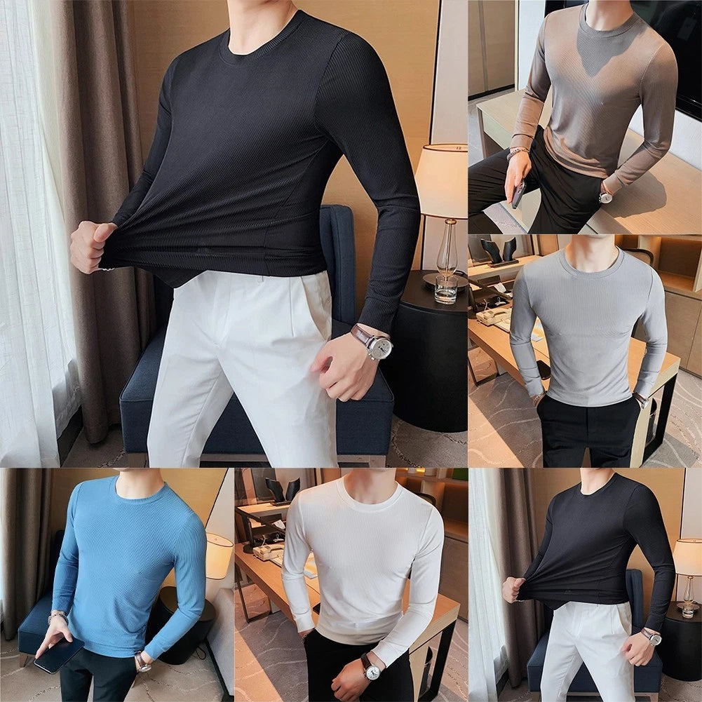 Mens Slim Fit Casual Long Sleeve Round Neck Tee Solid Color Shirt for Daily Use
