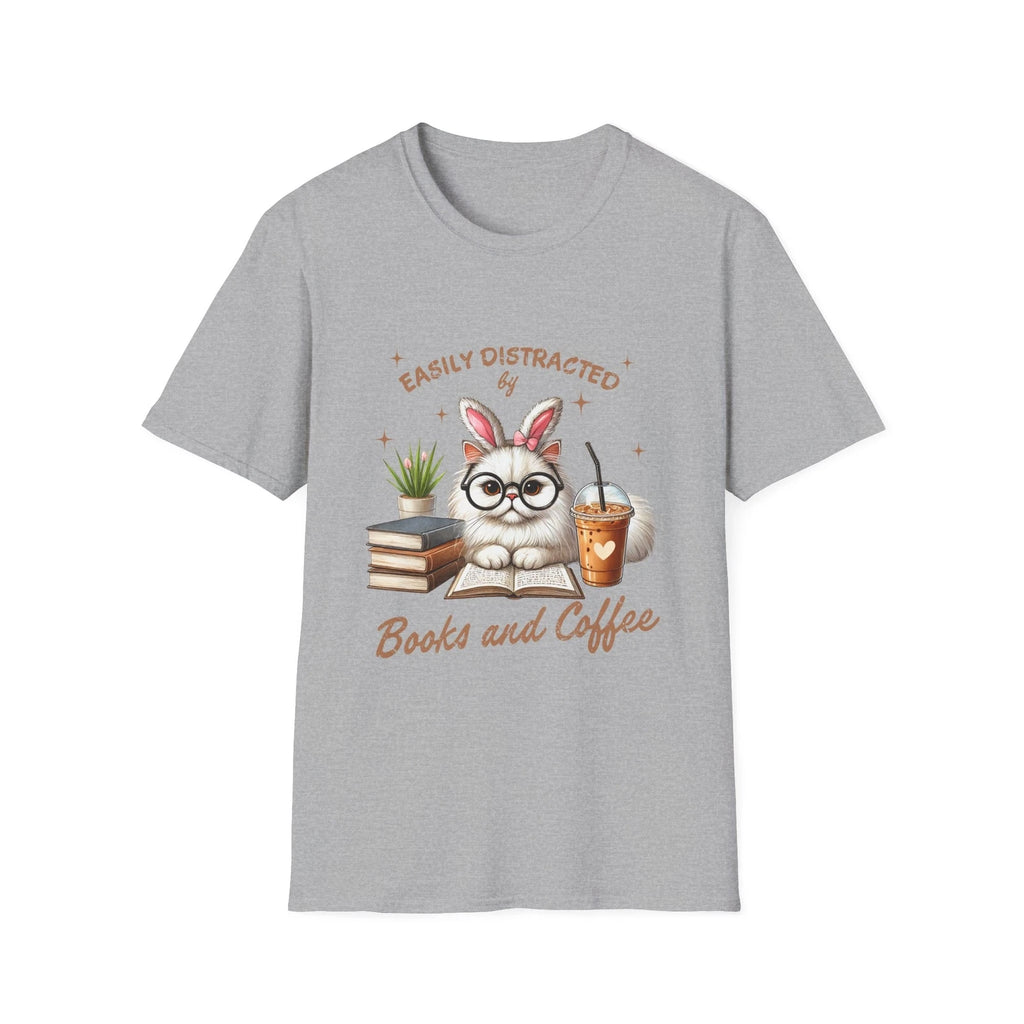 Easily Distracted by Books and Coffee Tee, Cat Lover Shirt, Bookworm Gift, Funny