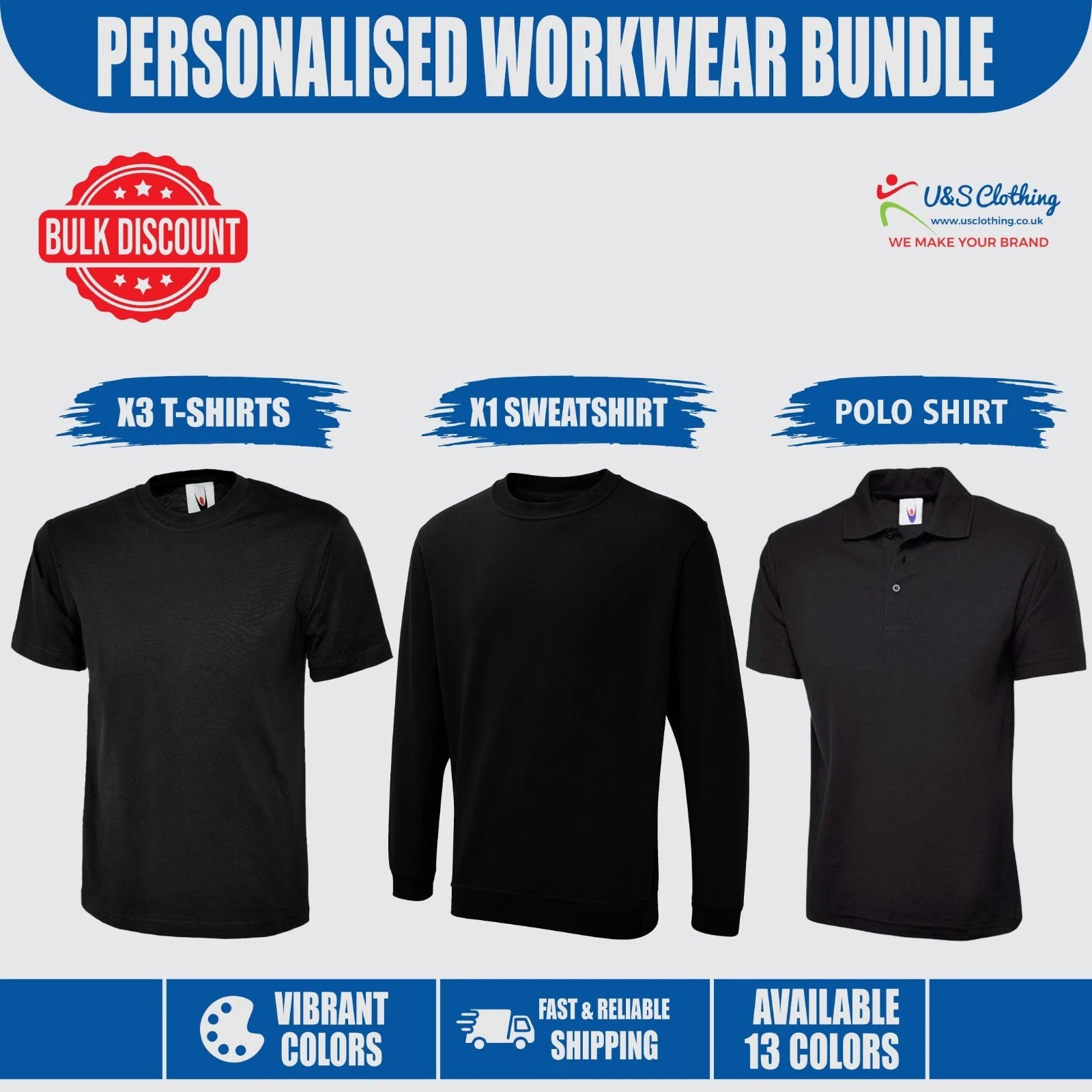 3 PACK Uneek Classic Short Sleeve Plain T Shirt Workwear Bundle Polo Sweatshirt