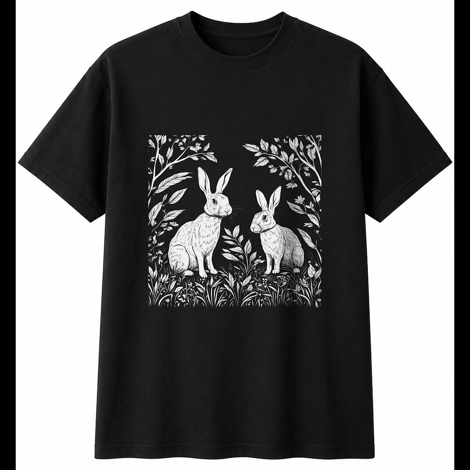 Botanical Rabbit Portrait Mens T-Shirt Cute Black 100% Cotton Tee Kawaii