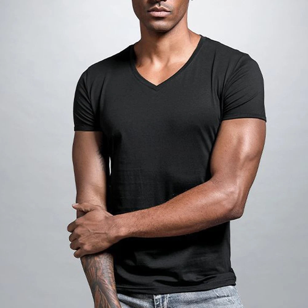 Cool Men's V Neck T Shirt Hipster Low Cut Short Sleeve Pullover for Summer