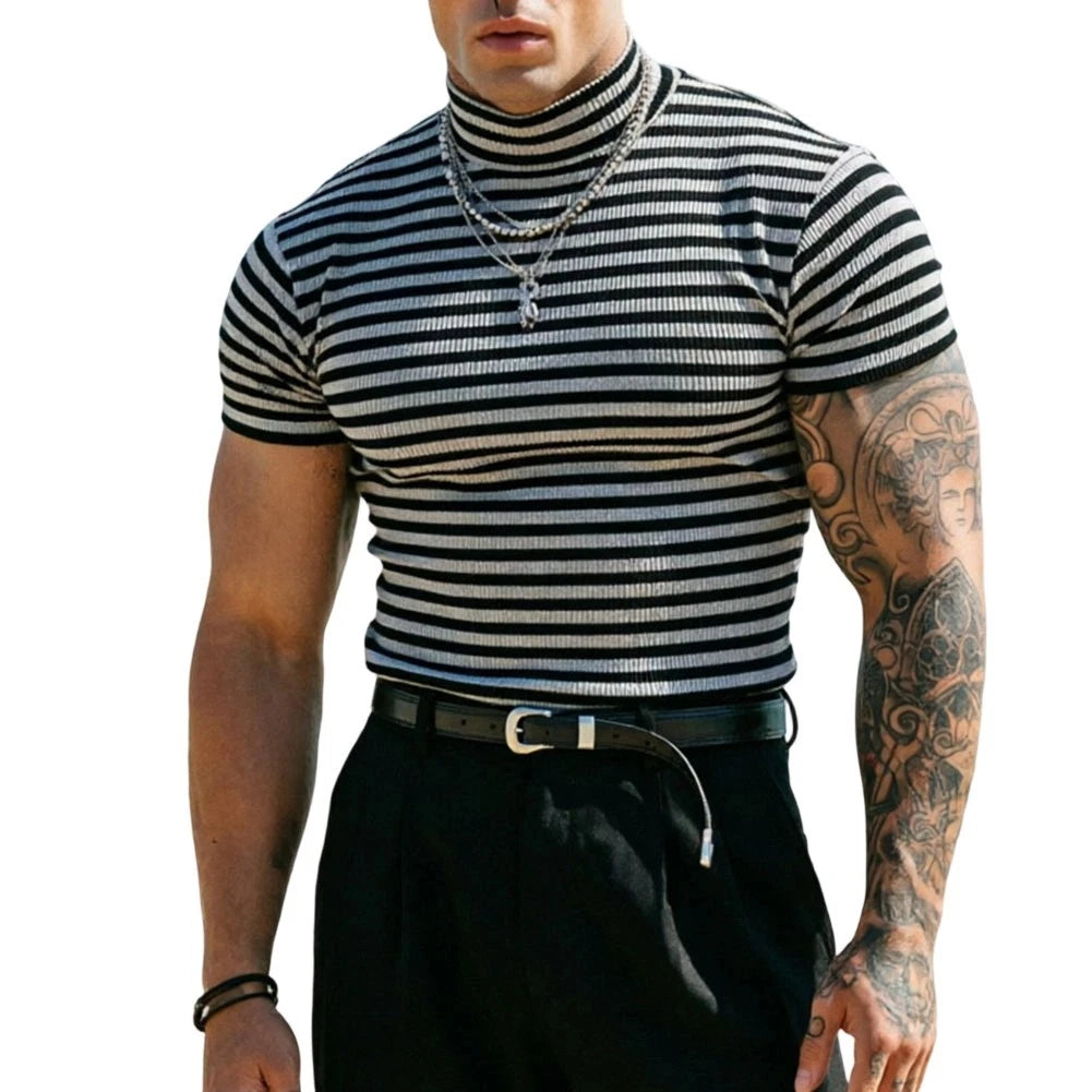 Striped Turtleneck Short Sleeve Slim Fit Tee for Men - 95% Polyester 5% Spandex