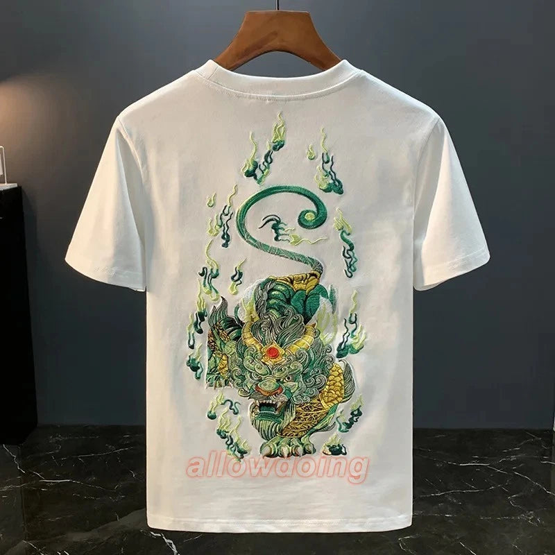 Men Embroidery Dragon Graphic T-Shirt Casual Short Sleeve Crewneck Cotton Tee