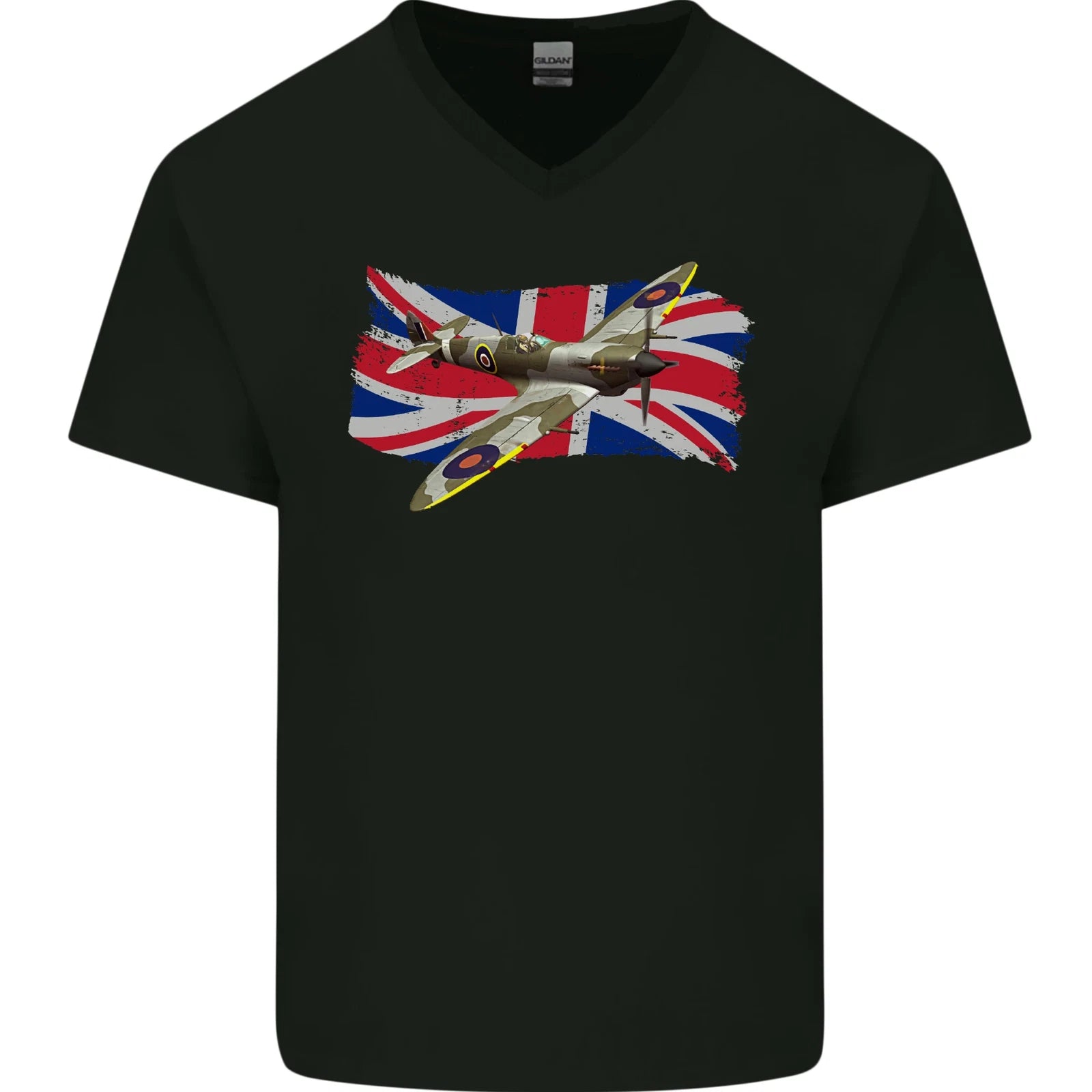 Supermarine Spitfire with the Union Jack Mens V-Neck Cotton T-Shirt