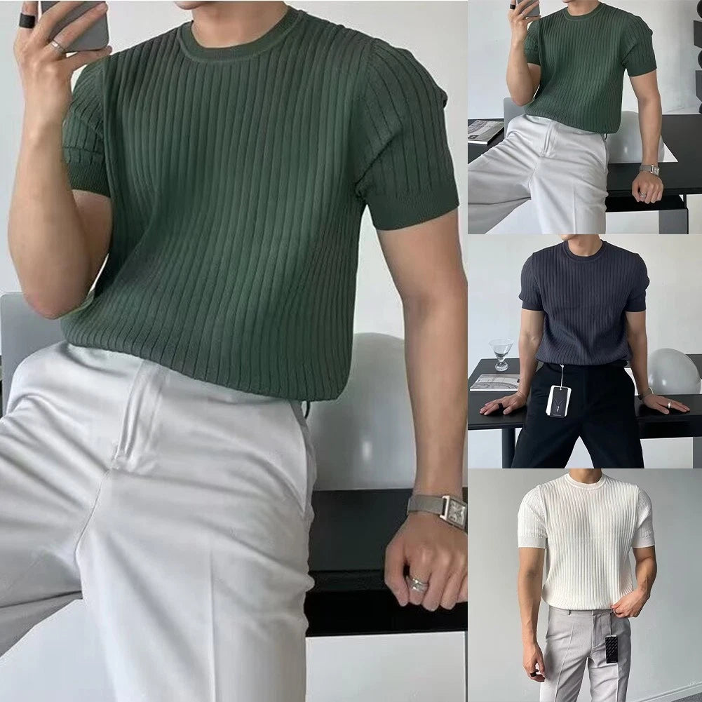 Stripe Design Men Slim T-shirt Slim Fit Elastic Crew Neck Short Sleeve Polyester