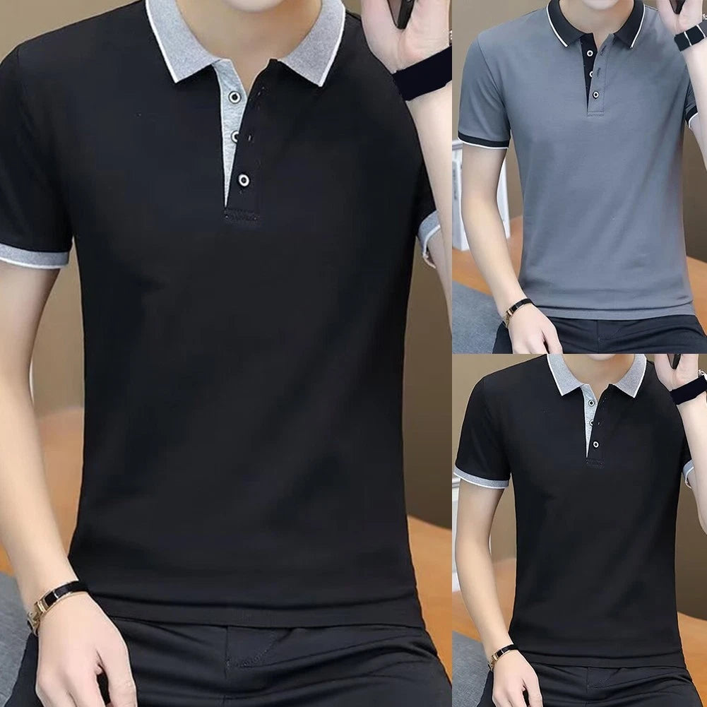 Men's Casual Short Sleeve Ribbed T Shirt Slim Fit Pullover Turn Down Collar Top