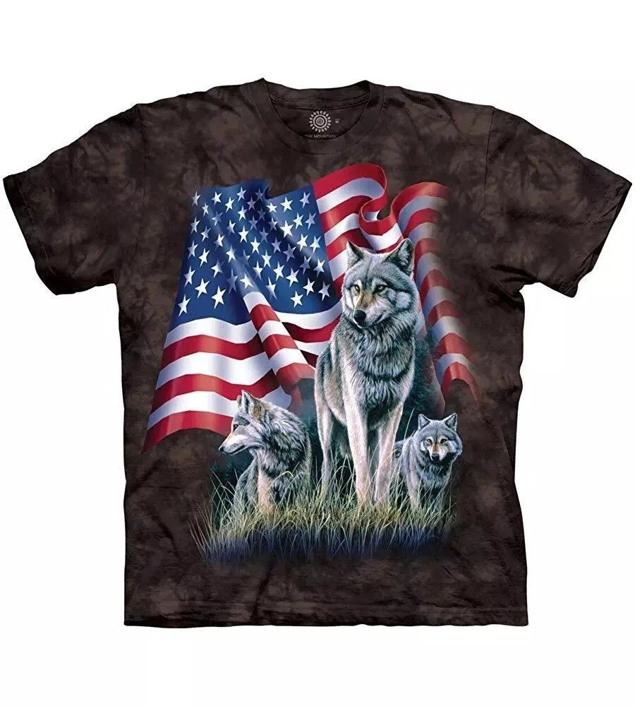 The Mountain American Flag Wolf Wild Wolves Black Animal Shirt Cotton USA L