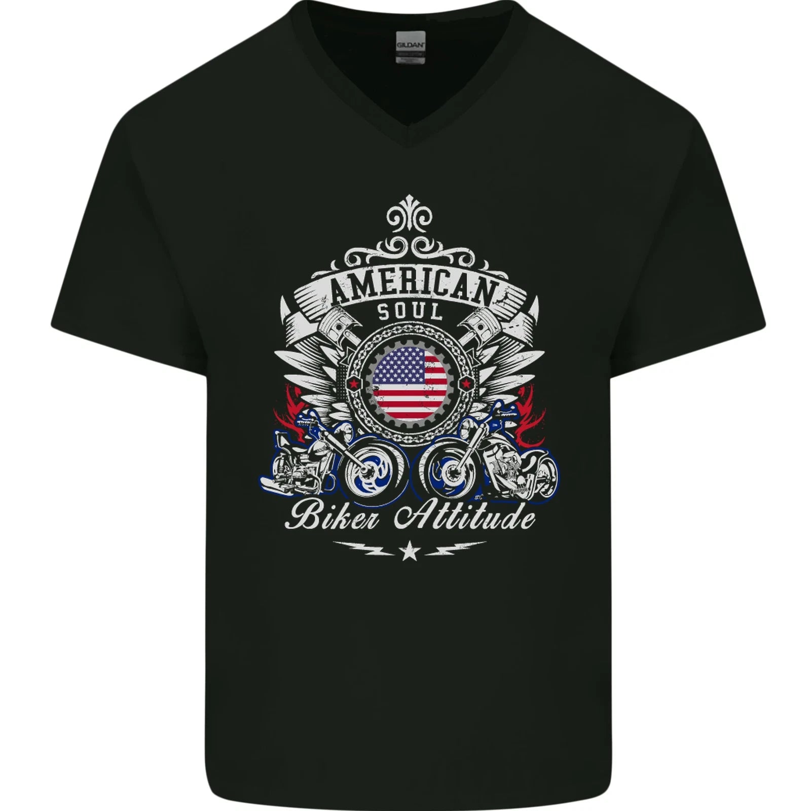 American Biker Attitude Motorcycle America Mens V-Neck Cotton T-Shirt