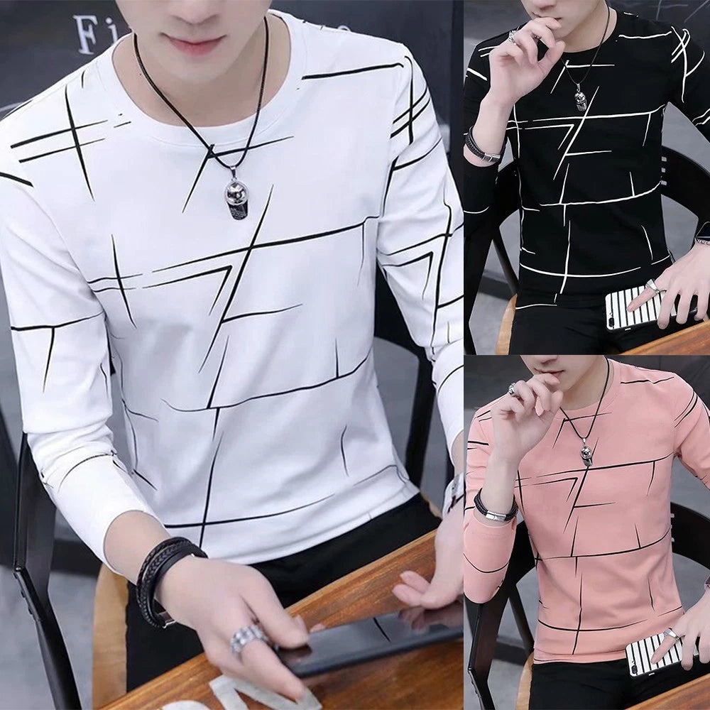 Men T-Shirt Blouse Long Sleeve Teenager Mess Printed Polyester Pullover