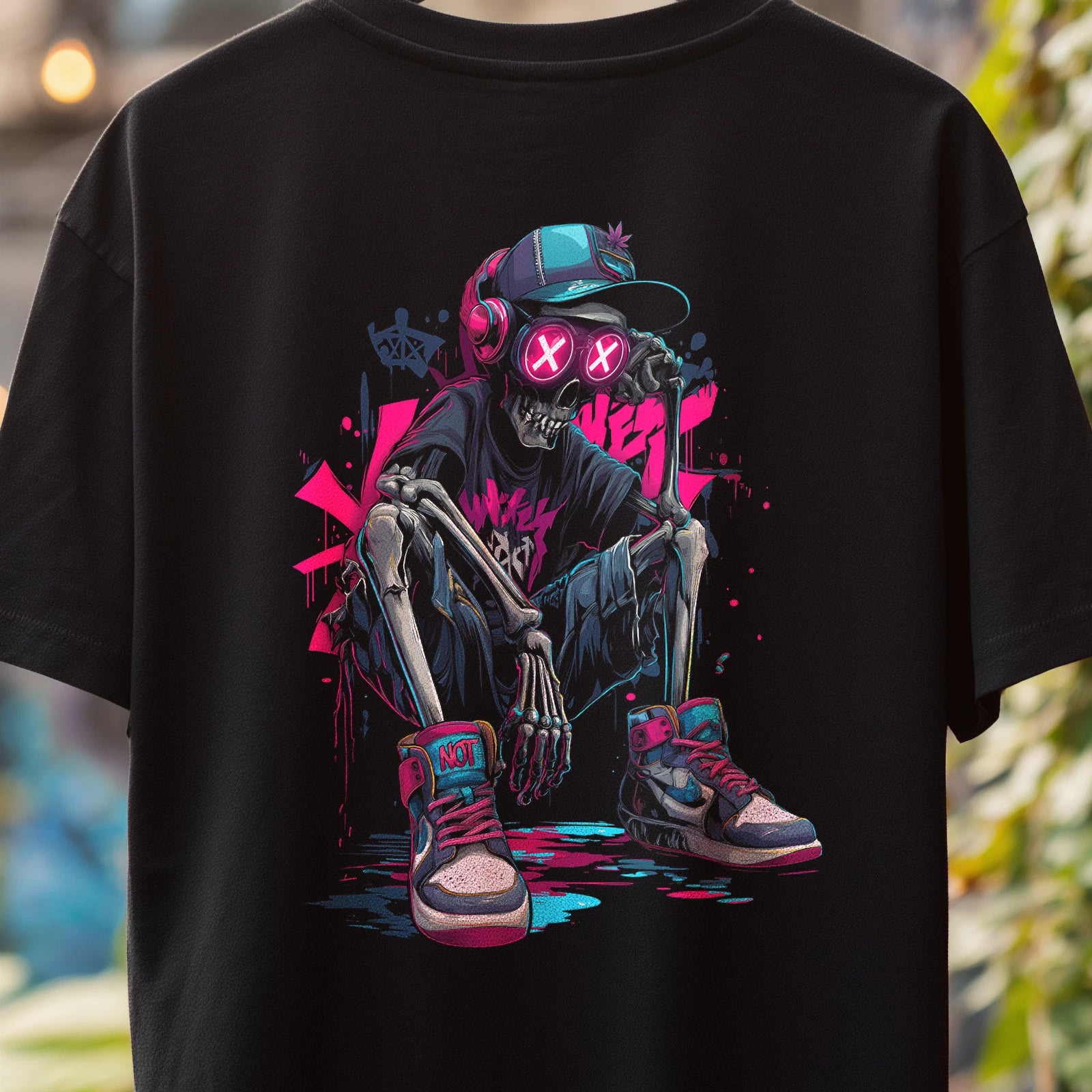 Skeleton Graffiti Streetwear T-Shirt, Urban Colorful Drop-Shoulder Tee