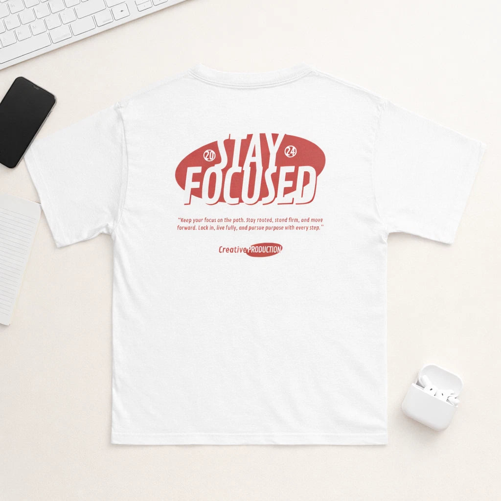 Stay Focused White Cotton T-Shirt Motivational Graphic Back Print Unisex Size M