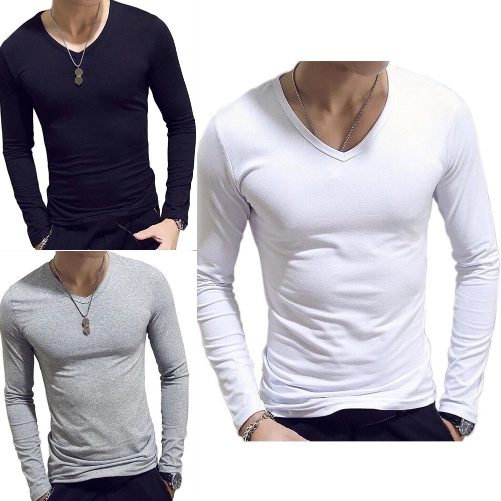 Men's Casual Long Sleeve T Shirt V Neck Solid Color Basic Top for Daily