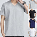 Loose Fit Men's V Neck Short Sleeve T Shirt Solid Color Polyester Blend