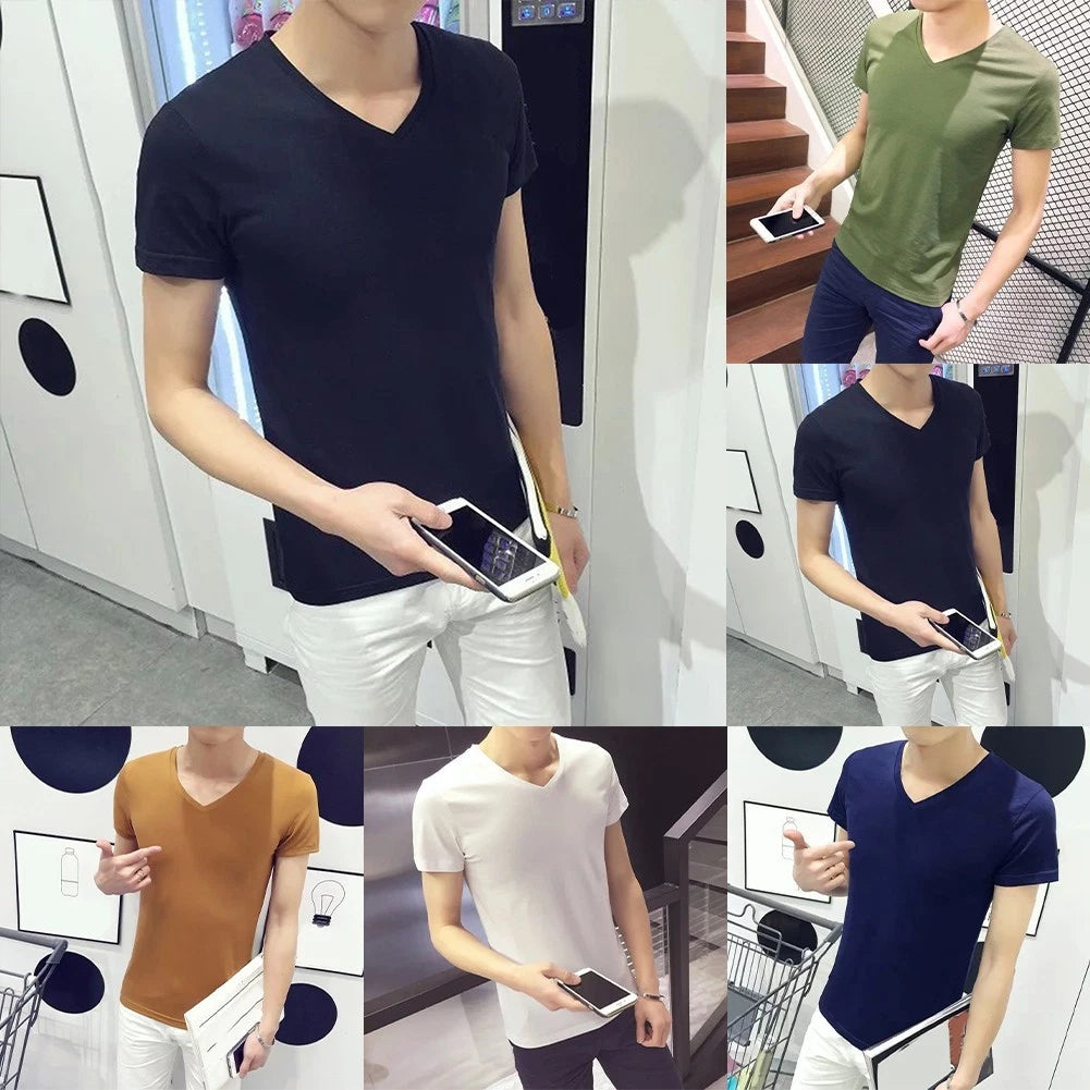 Men Short Sleeve Tshirts V Neck Casual Solid Color Loose Fit Pullover Tops