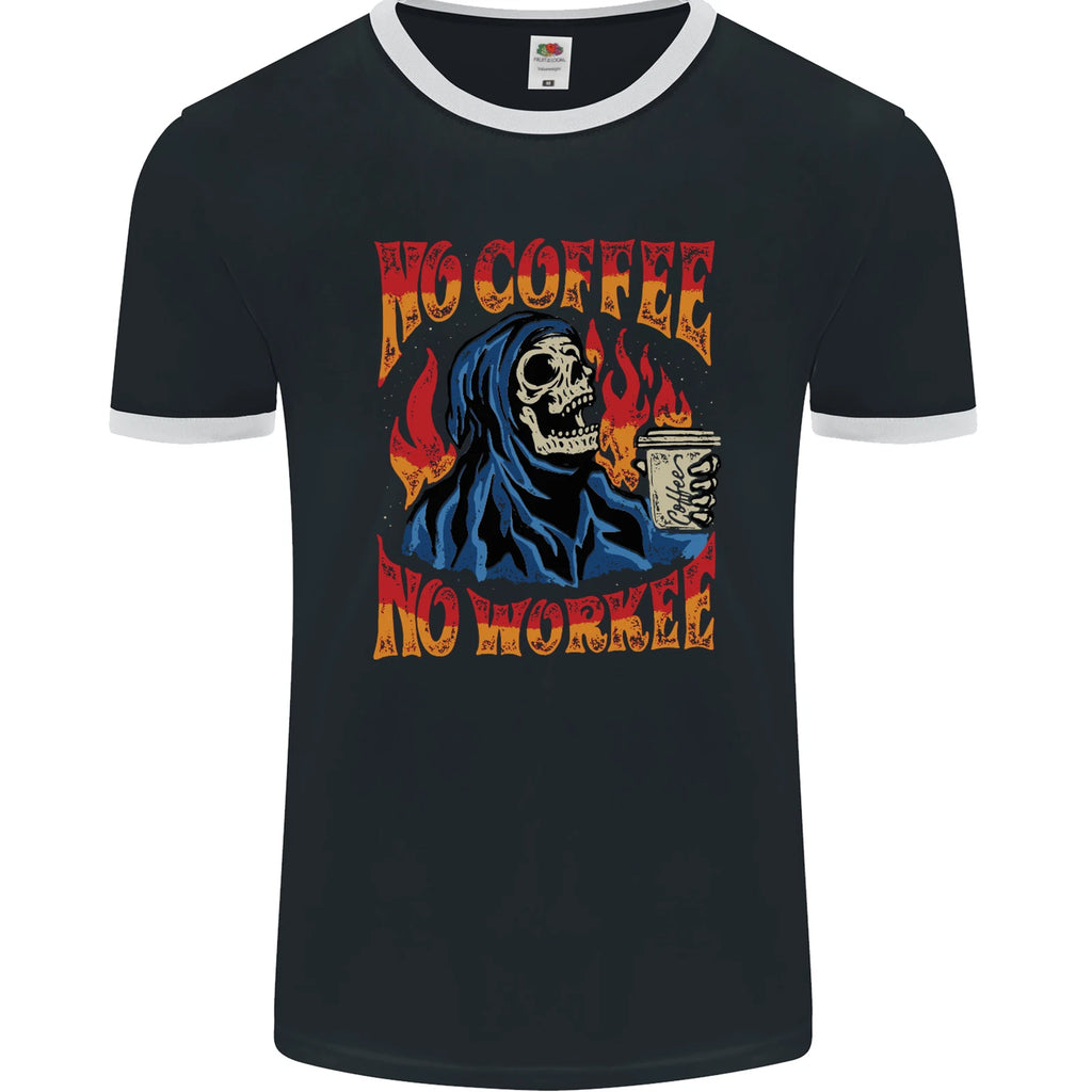 No Coffee No Work Funny Skull Grim Reaper Mens Ringer T-Shirt FotL