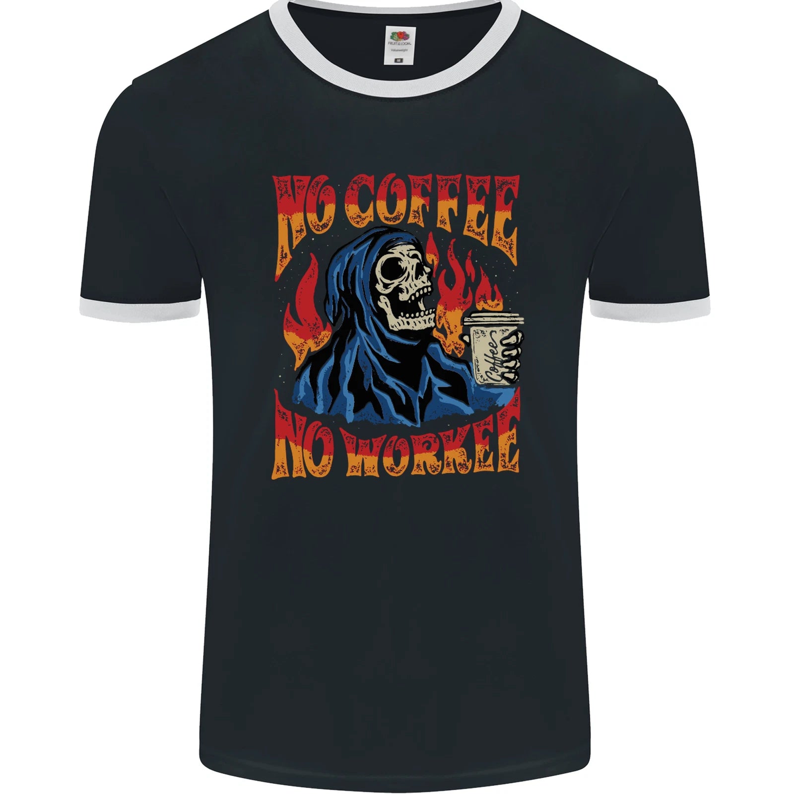 No Coffee No Work Funny Skull Grim Reaper Mens Ringer T-Shirt FotL