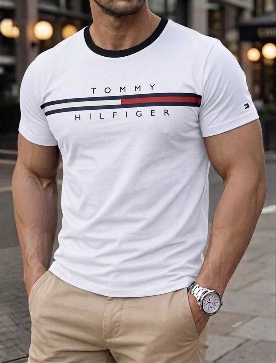 Contrast Design Tommy Hilfiger Men's Soft Organic 100% Cotton T-shirt in White