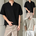 V Neck Short Sleeve T Shirt for Men Imitation Linen Loose Light Weight