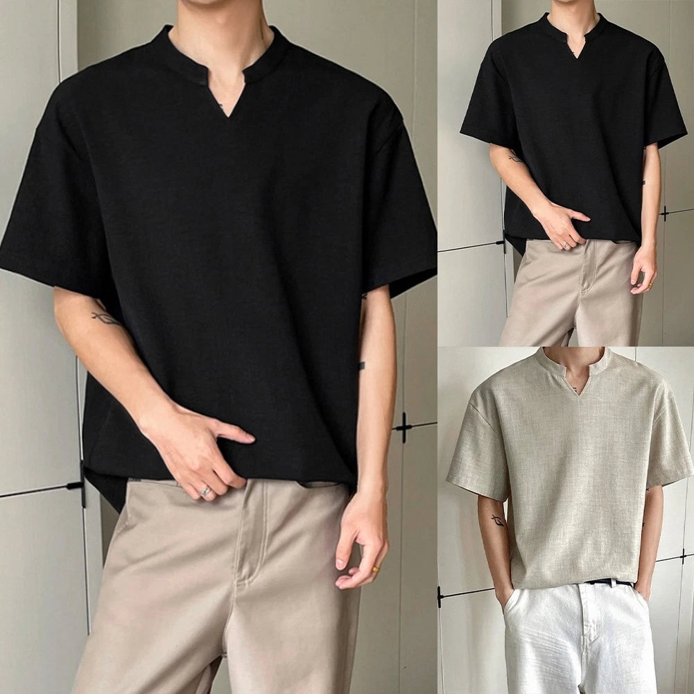 V Neck Short Sleeve T Shirt for Men Imitation Linen Loose Light Weight