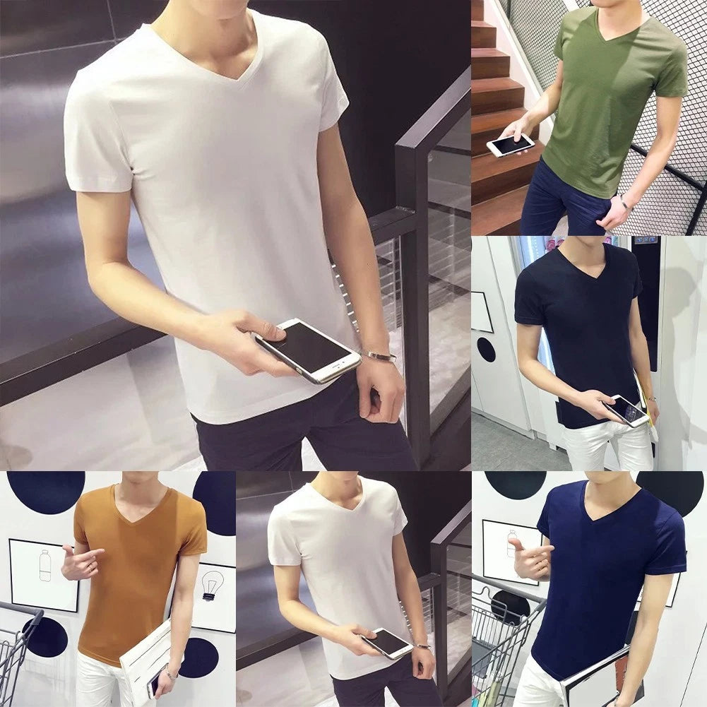 V Neck Men T Shirt Short Sleeve Casual Loose Solid Pullover Top for Daily Use