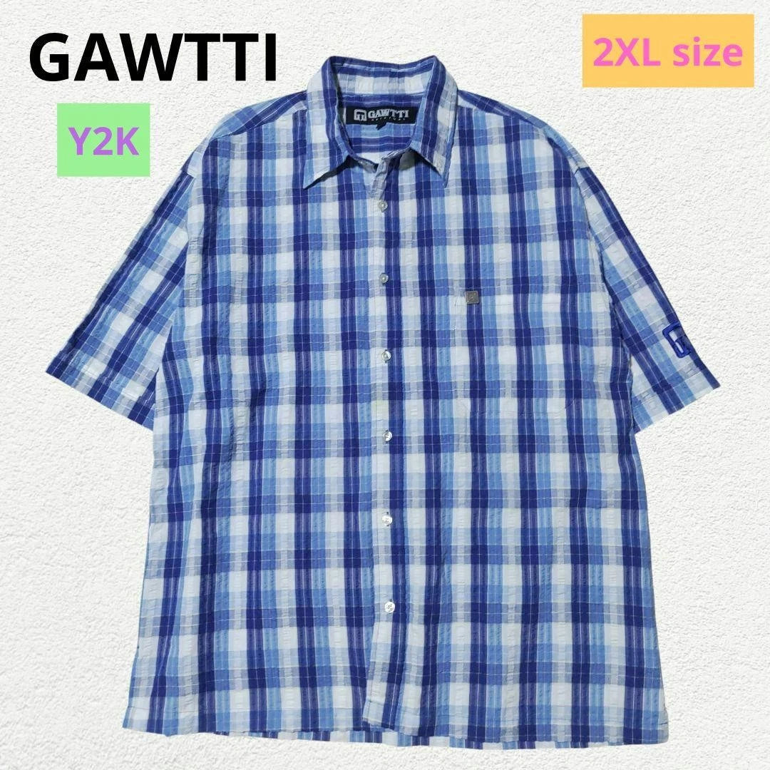 GAWTTI Y2K Vintage Check Shirt 2XL Blue/White Hip Hop Style