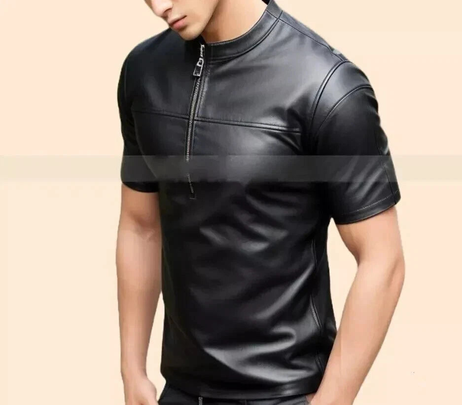 Genuine Leather Men T-Shirt Black Stylish Handmade Lambskin Fashion Casual Wear
