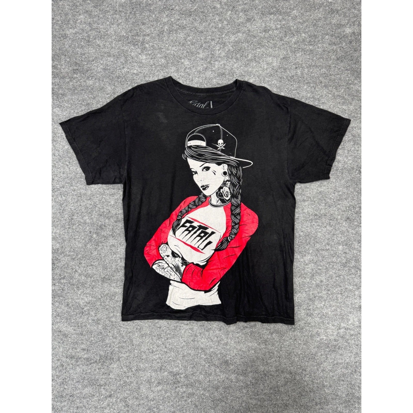 Fatal Clothing Graphic T-Shirt Mens Large Black Tattoo Girl Streetwear Skater L