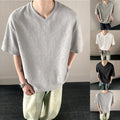 Textured Solid Color T-Shirt for Men V-Neck Loose Fit Short Sleeve Casual