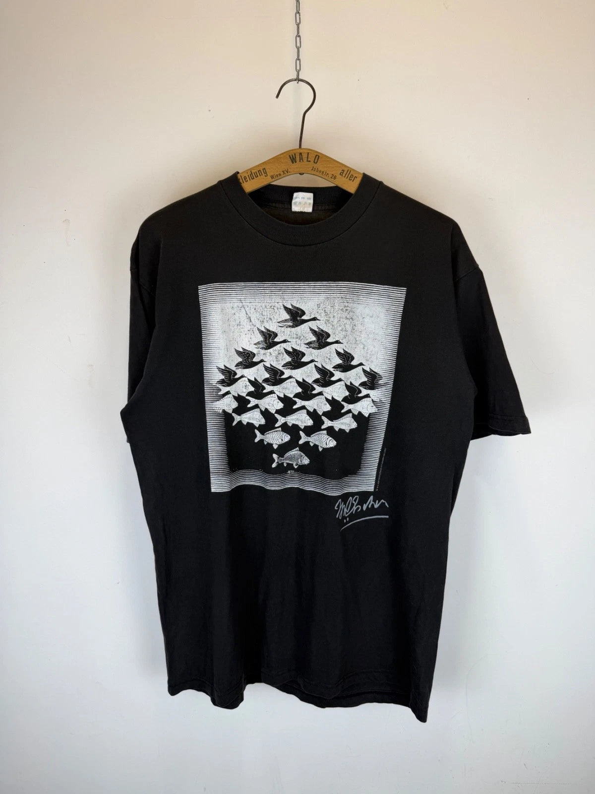 Vintage 90s M.C. Escher Shirt Sky To Water Ducks and Fish Art Tee Abstract XL