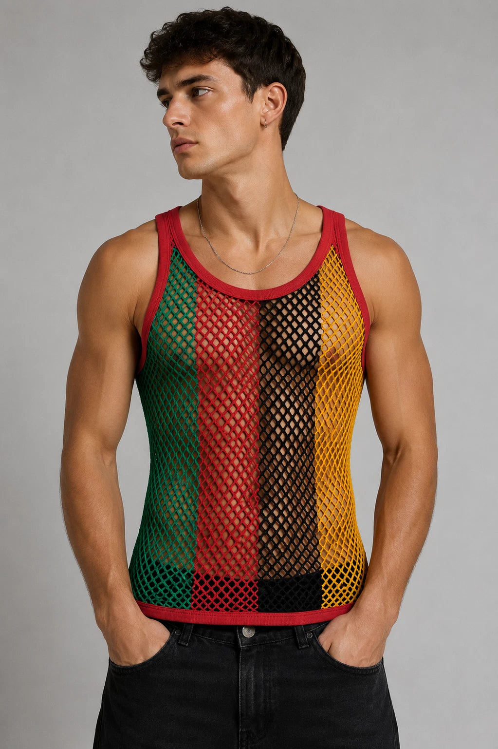 Mens Jamaica Rasta Plain String Fishnet Gym Summer Muscle String Tank Top Vest