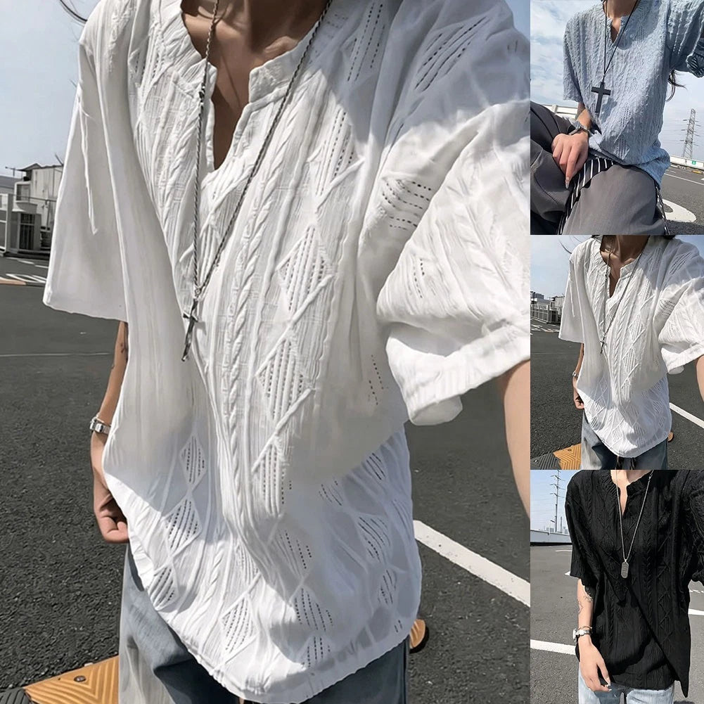 For Summer Days Men V Neck T-shirt Regular Clothing Length Hollow Texture Design