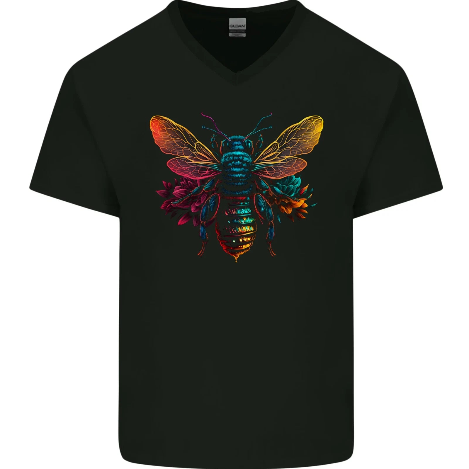 A Retrowave Bee Mens V-Neck Cotton T-Shirt