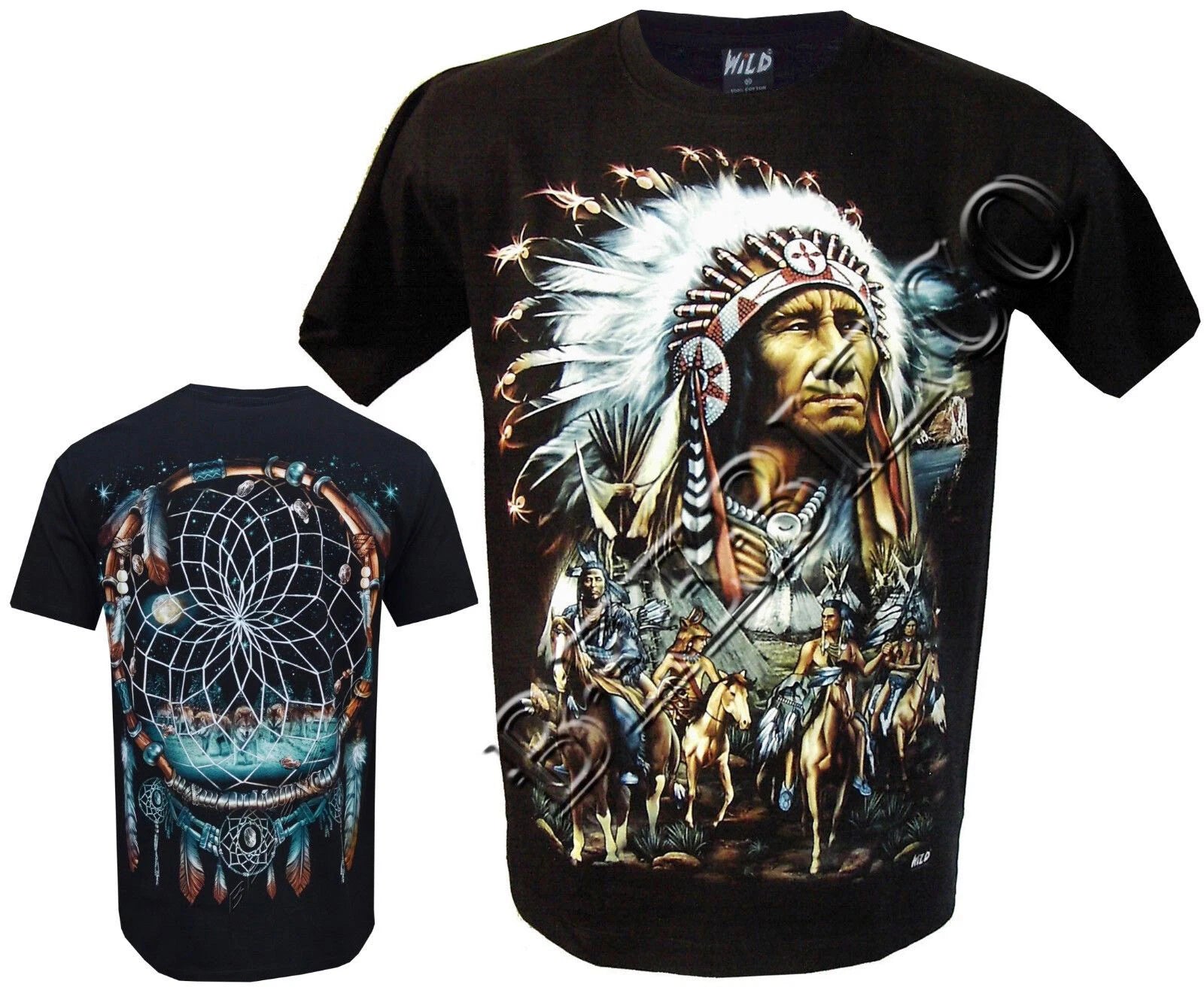Wild Horses Biker Native American Indian Horse T- Shirt Front & Back Print M-3XL