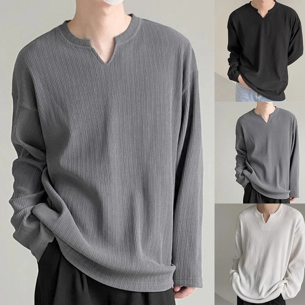 Comfortable Men's V Neck Long Sleeve T Shirts with Stripes for Casual Use