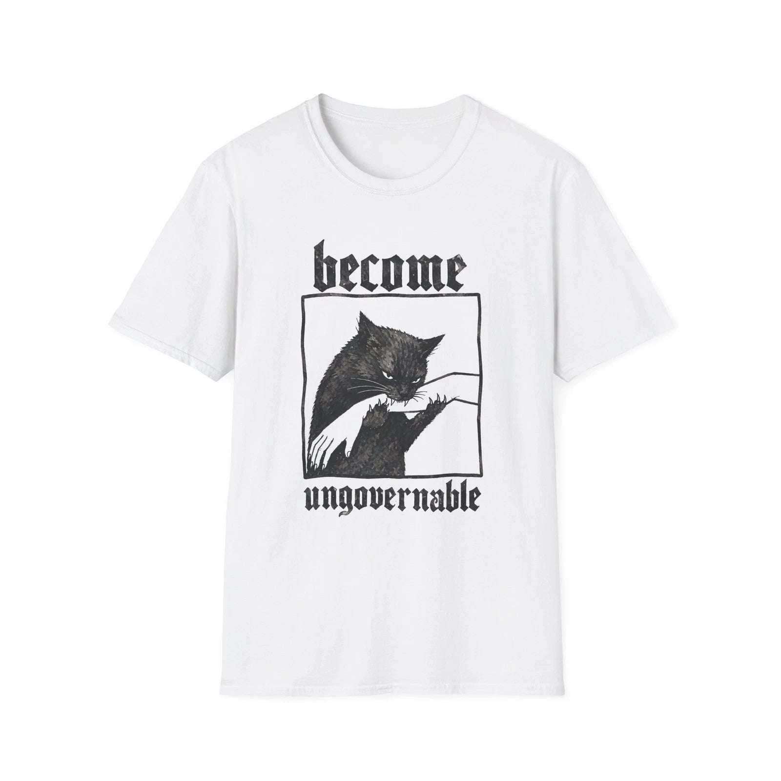 Become Ungovernable Funny Graphic Cat Biting Hand T-shirt, Unisex Cotton