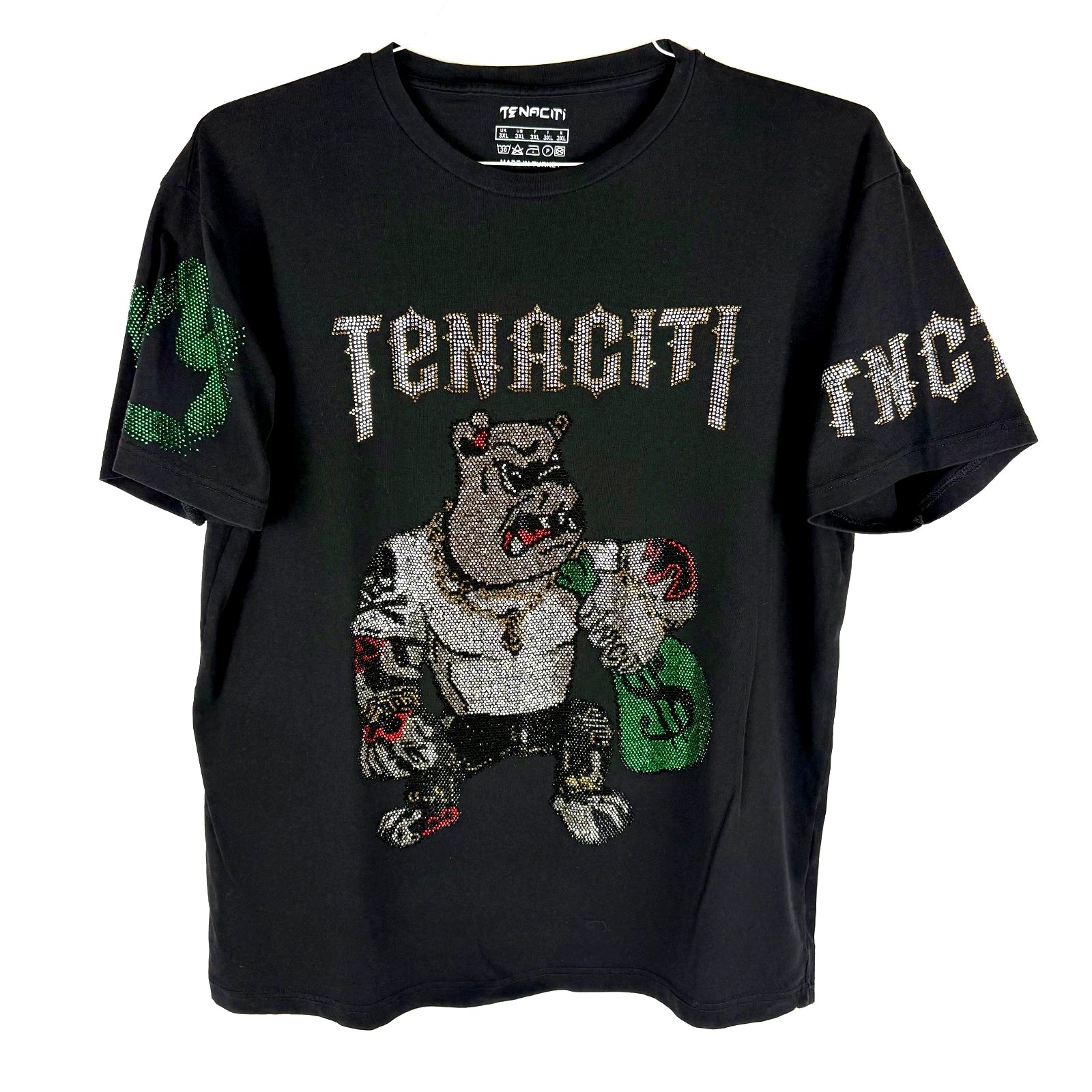 Tenaciti T Shirt Elaborate Rhinestone Design Bulldog with Money Bag Mens Size XL
