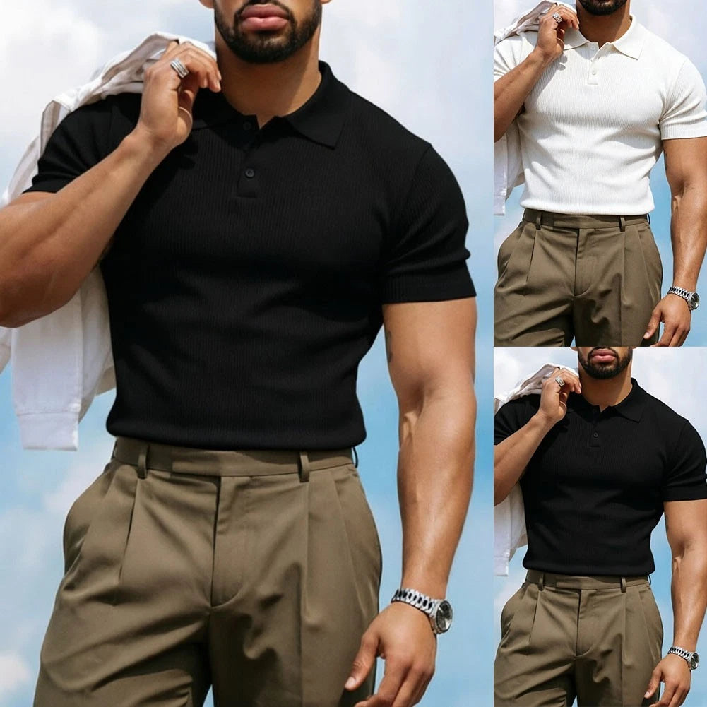 Men's Polyester Spandex Short Sleeve Shirt Breathable Slim Fit Lapel Top