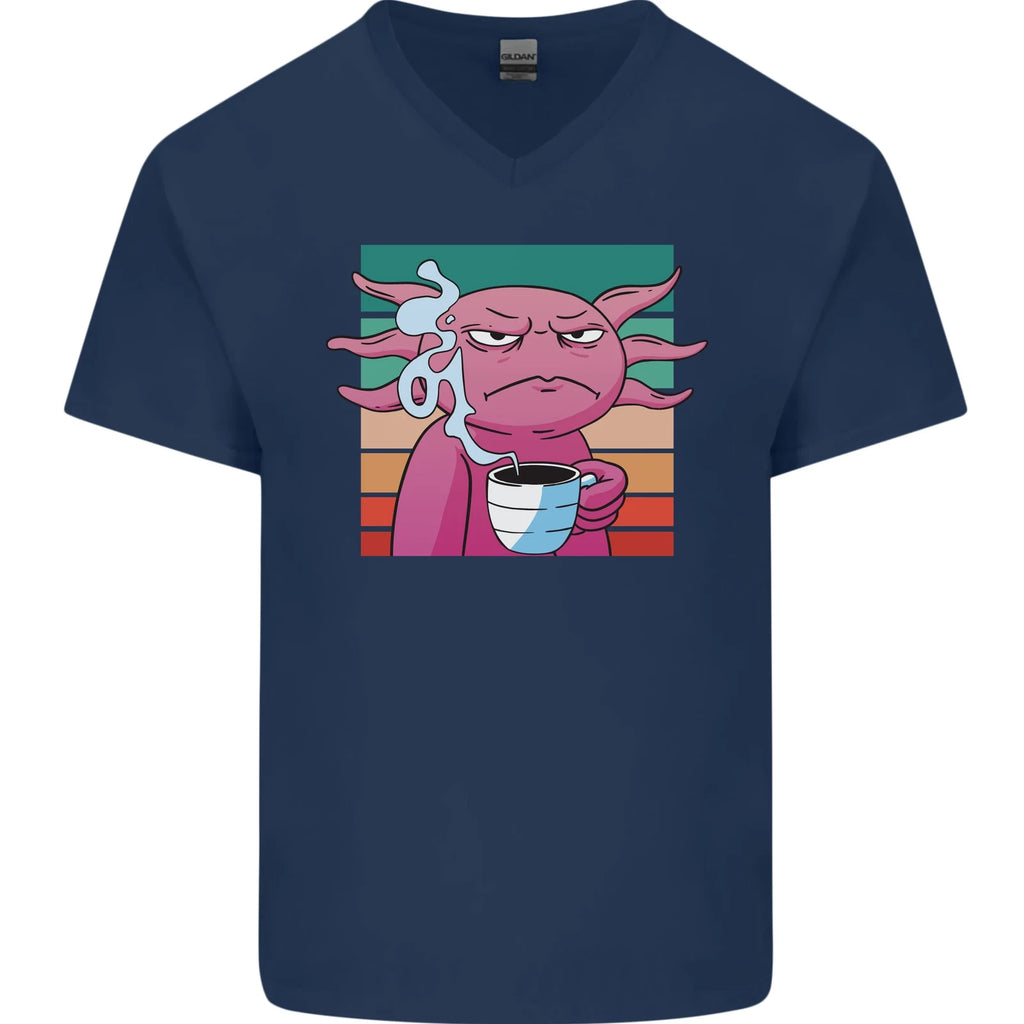 Grumpy Axolotl With Coffee Mens V-Neck Cotton T-Shirt