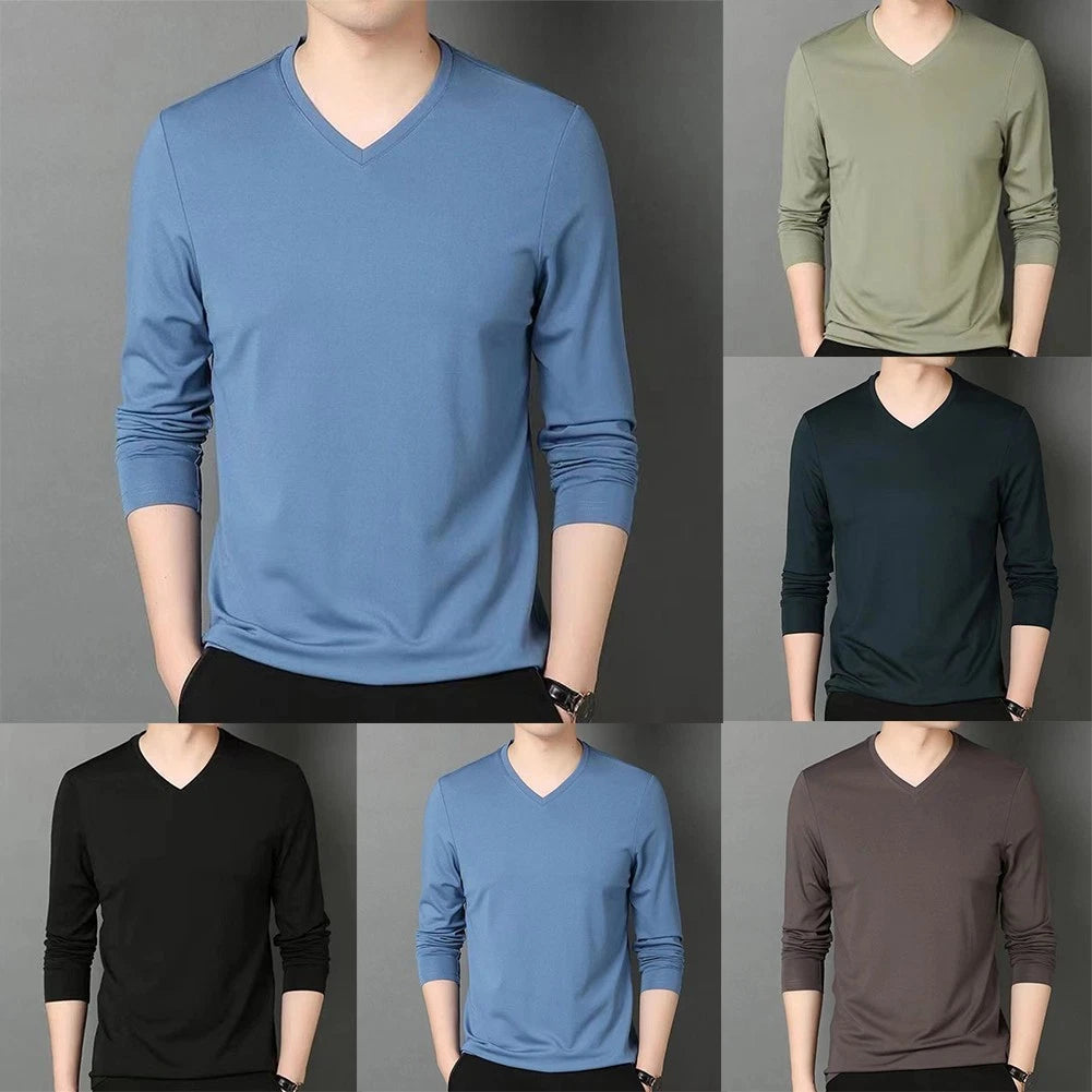 Slim Fit V Neck Long Sleeve TShirt Muscle Tee Activewear Top Brown Blue Green