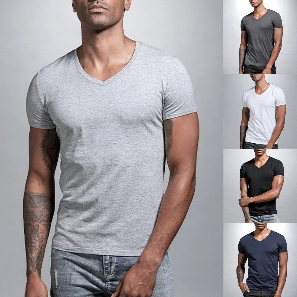 Men V-neck T-shirt Regular Length Casual Wear Solid Color V-neck Tight Fit