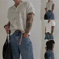 Athleisure Men V Neck Tee Breathable Waffle Knit Loose Fit Solid Color