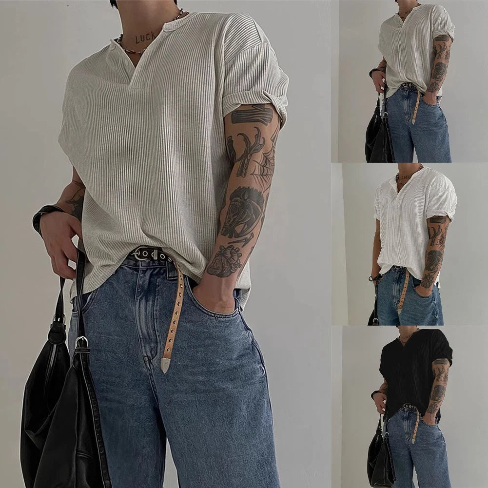 Athleisure Men V Neck Tee Breathable Waffle Knit Loose Fit Solid Color