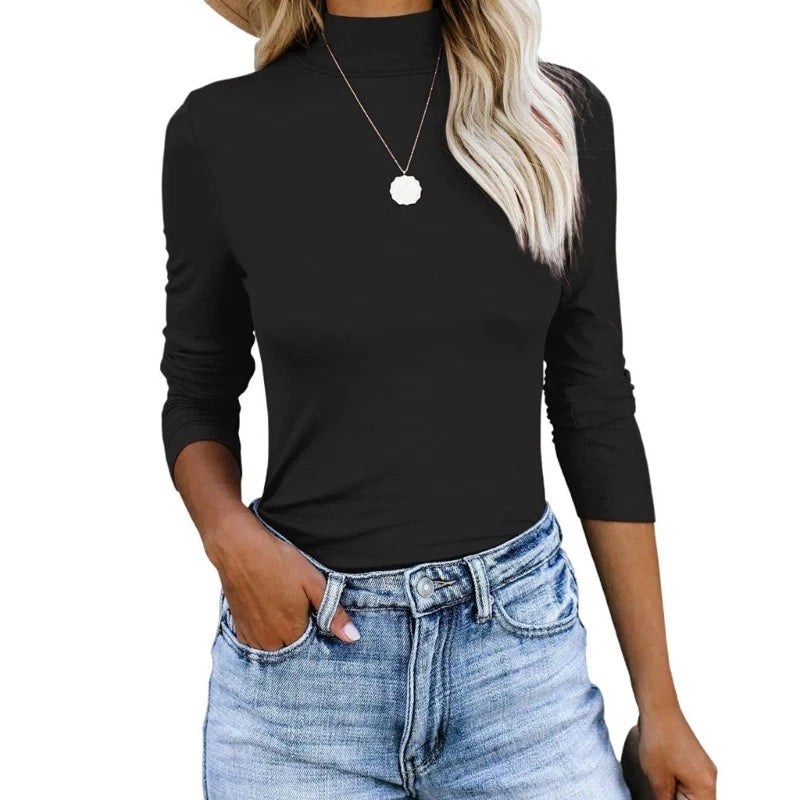 Women Fall Winter Turtleneck Shirts Long Sleeve Solid Color Casual Fitted Top