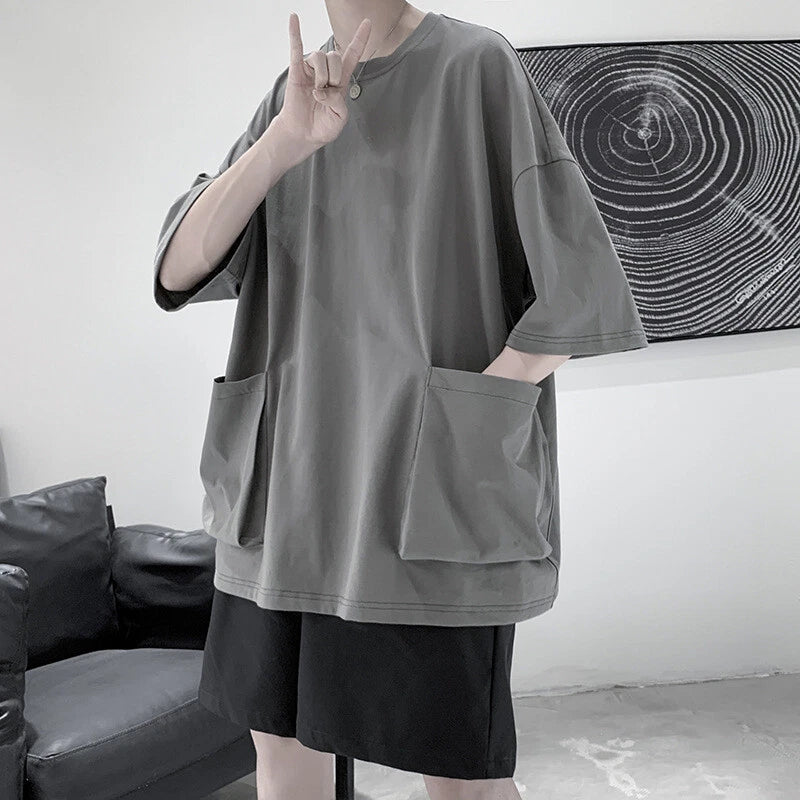 Men Big Pocket T Shirt Loose Oversized Raglan Half Short Sleeve Tee Top Harajuku