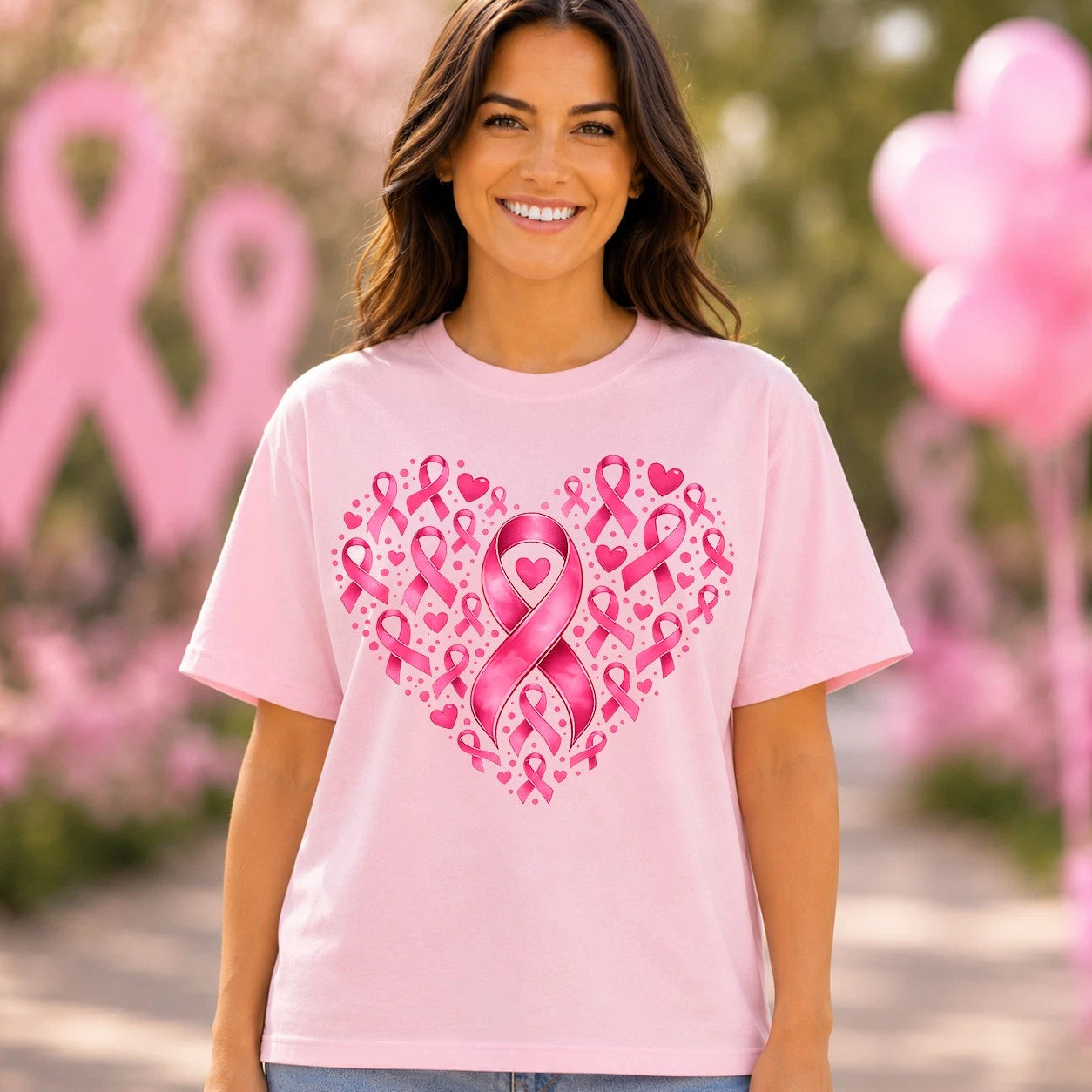 Breast Cancer Awareness Pink Ribbon Heart T Shirt For Women