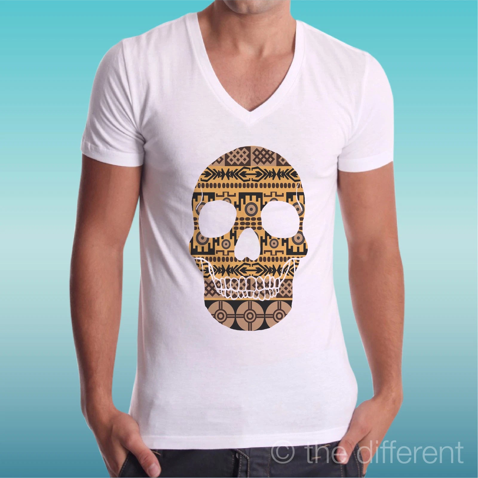 White V Neck T-Shirt Ethnic Skull Ethno Color Gift Idea